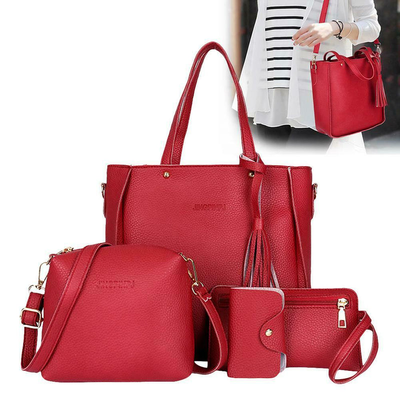 4pcs/Set Lichi Leather Tassels Women Tote Shoulder Clutch Card Bags (Red)