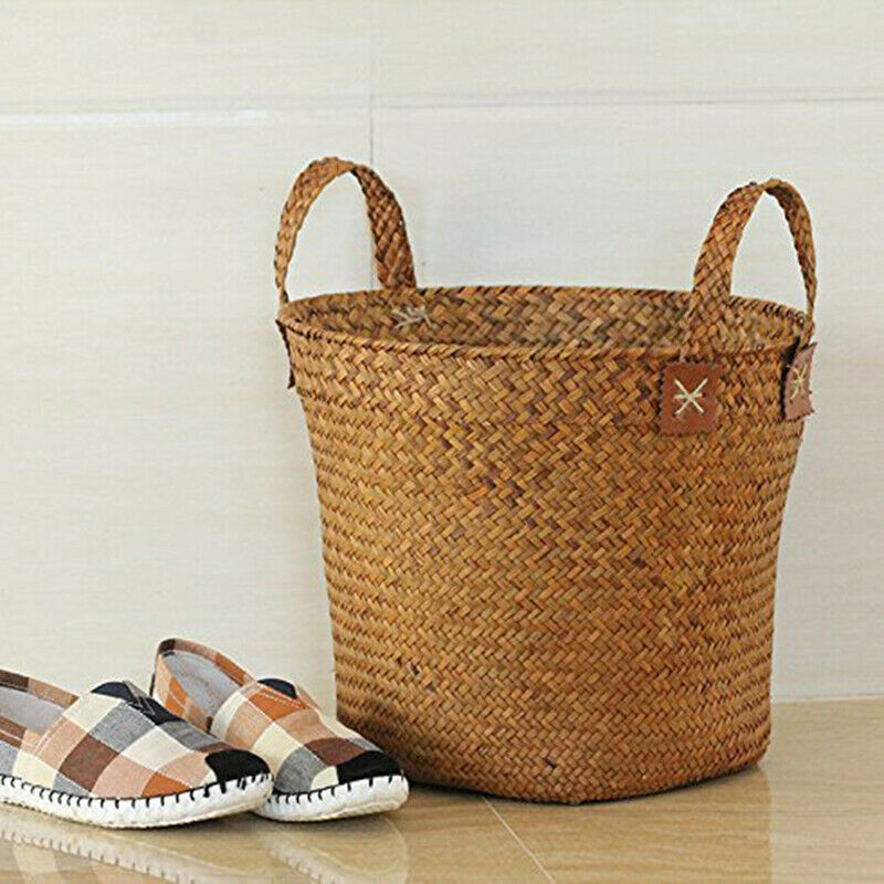 Natural Round Straw Basket Bin Handmade with Handgrip Orange 33X21X26cm R8M9