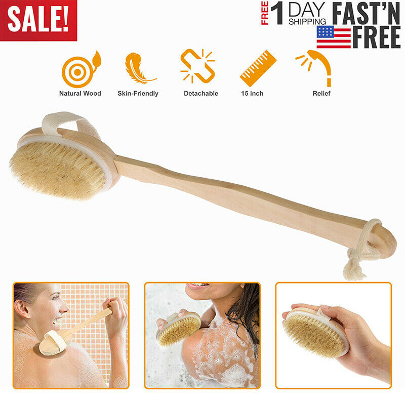 15" Handle Back Body Shower Spa Bath Brush Exfoliating Skin Clean Scrubber W Gw