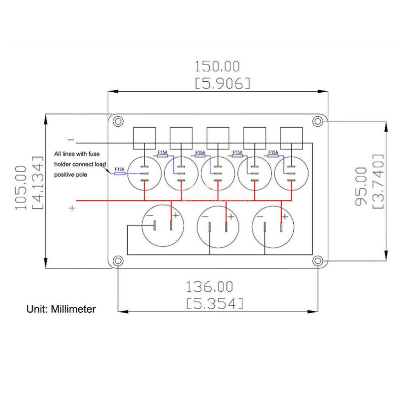Green LED Dual USB Port Charger Voltmeter 5 Gang Toggle Switch Panel Black