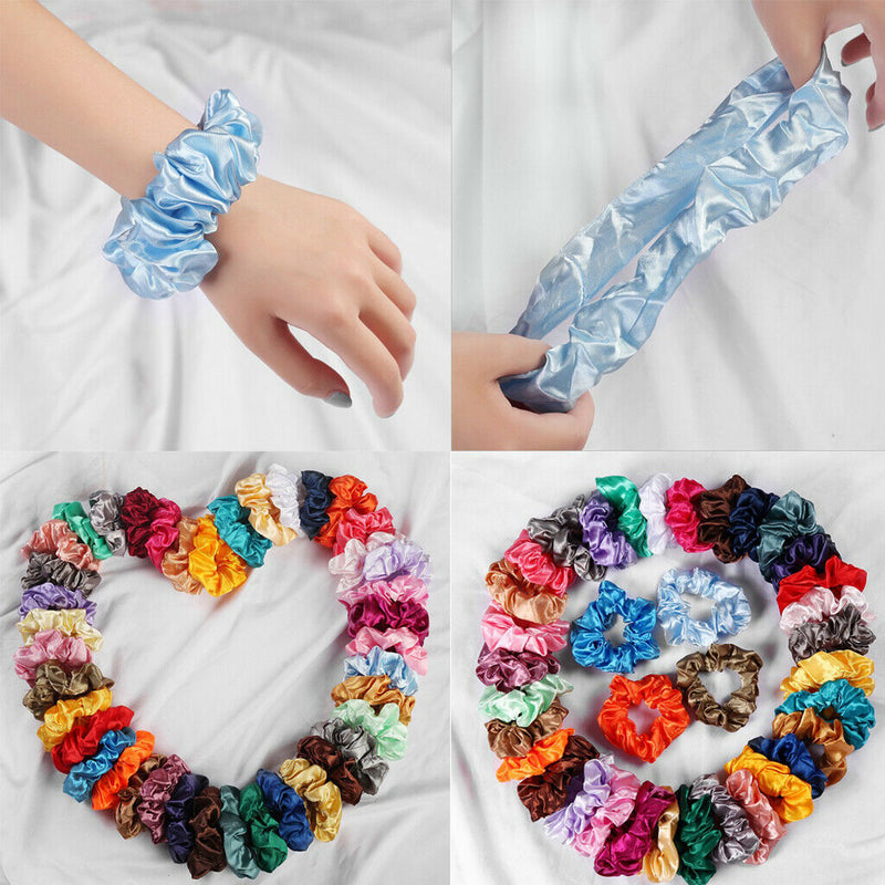 100x Colorful Satin Silky Scrunchies Hairband Womens Girls Ponytail Holder