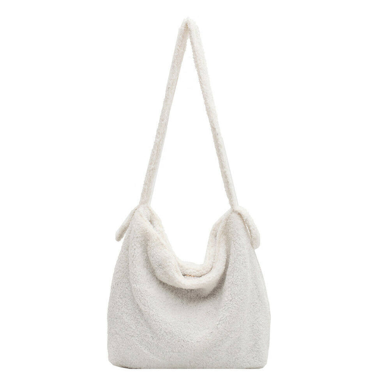 Plush Women Shoulder Messenger Bag Solid Big Capacity Shoulder Tote (White)
