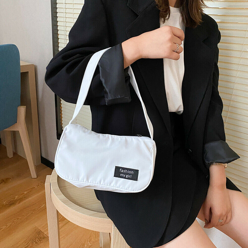 Casual Nylon Women Handbag Totes Female Zip Underarm Shoulder Bag (White)