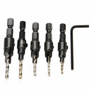 5 x #5 #6 #8 #10 #12 Countersink Drill Bit Set Woodworking Counter Bore Screw