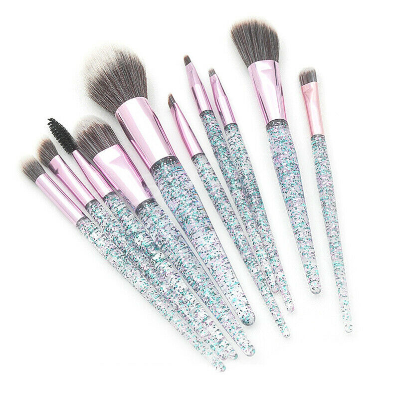 10Pcs Rhinestone Crystal Glitter Makeup Brushes Set Professional Foundation J9S7