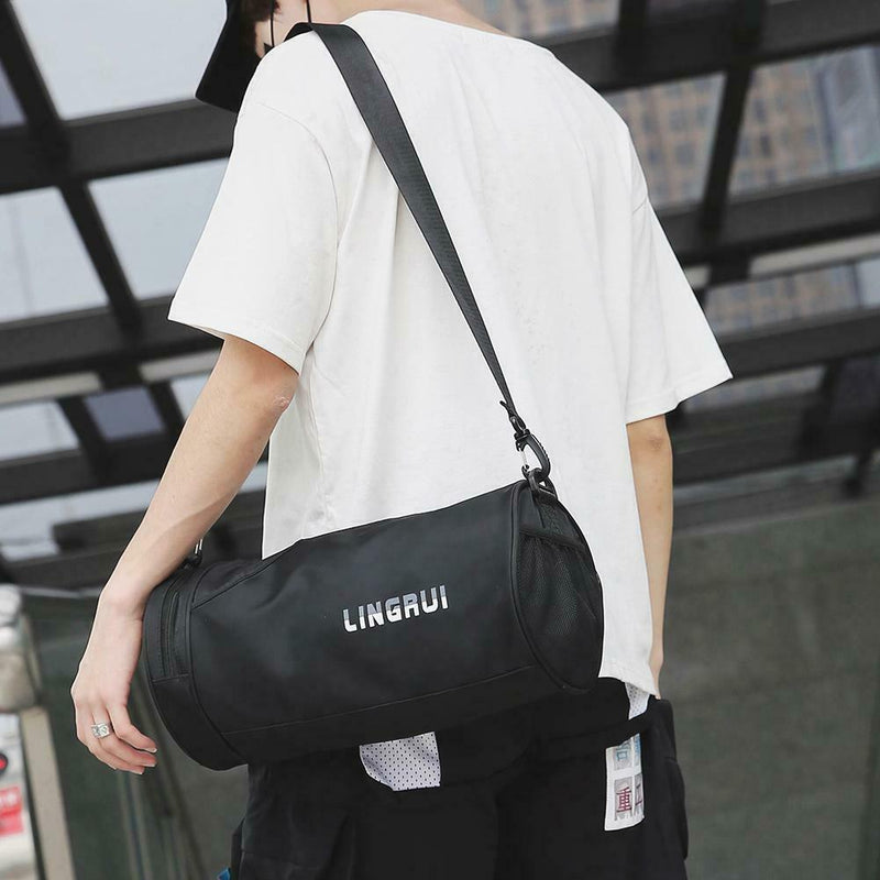 Women Barrel-Shaped Sports Gym Shoulder Bag Waterproof Nylon Bags (Black)