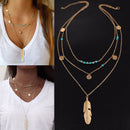 3 Layers Womens Boho Pendant Necklace Metal Feather Beads Sexy Jewellery