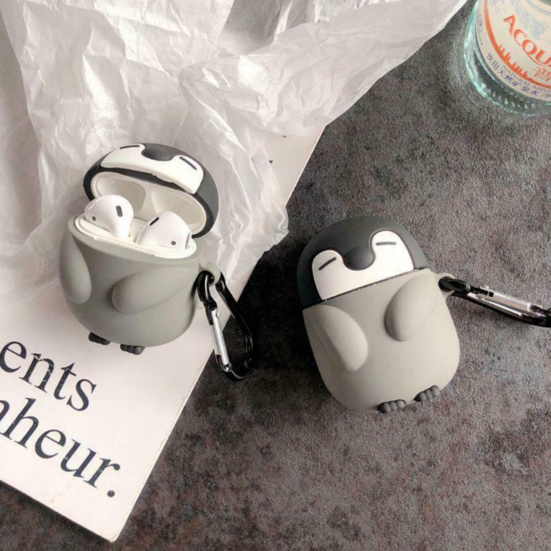 Cute Penguin Style Protective Case Silicone Cover with Carabiner for Airpods 1/2