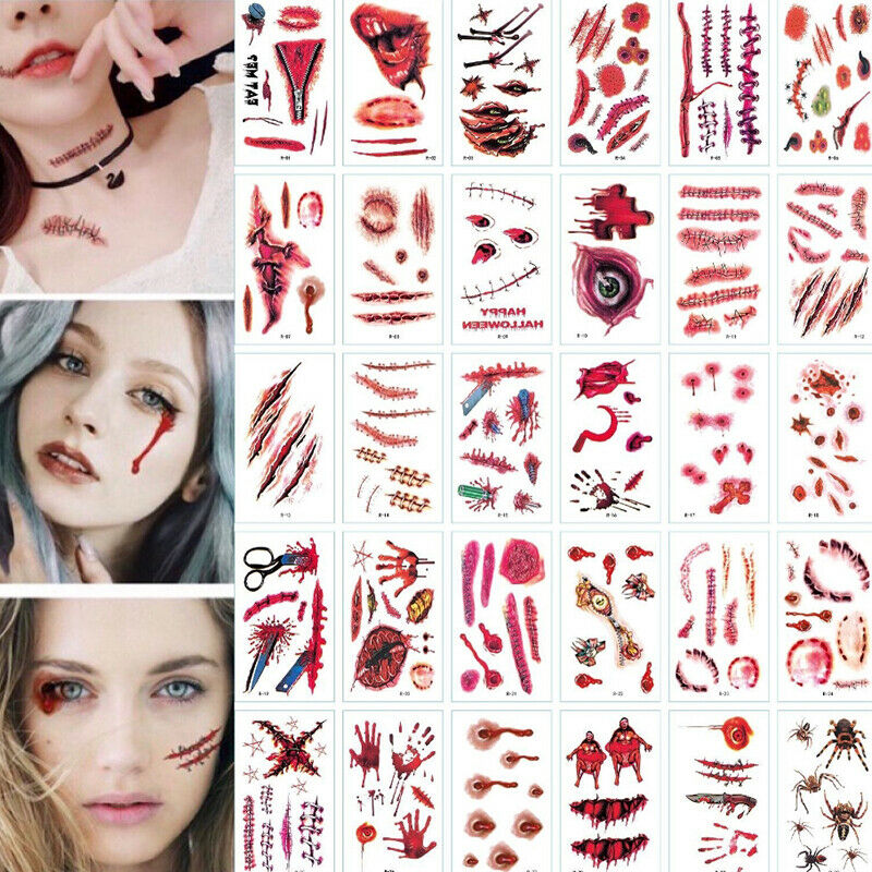 30Pcs Halloween Lifelike Bloody Wound Scary Waterproof Temporary Tattoo Stic Gw
