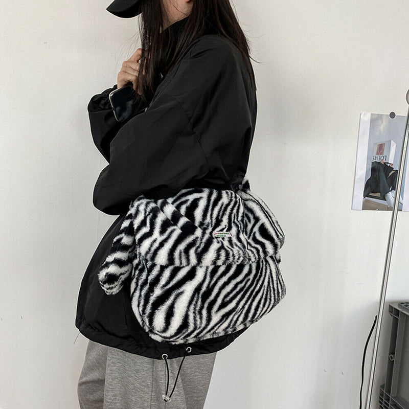 Autumn Zebra Pattern Shoulder Crossbody Bag Women Plush Large Capacity Tote
