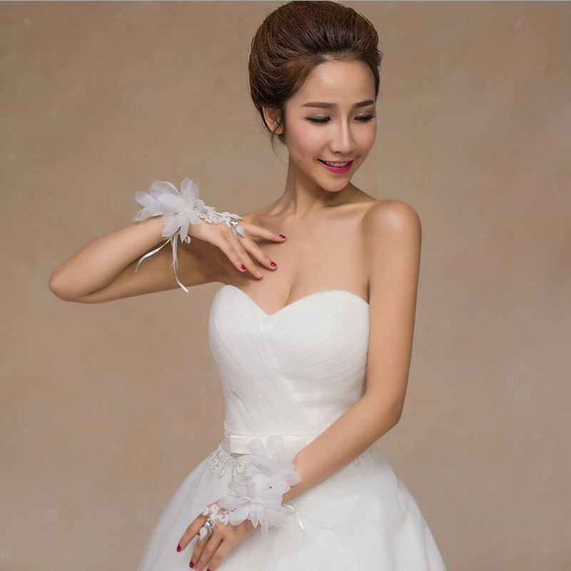 Wedding Fingerless Lace Flower Rhinestone Evening Party Women Bridal Gloves