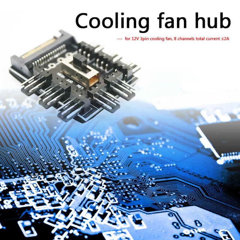 Splitter Cooling Fan Hub PC SATA 1 to 8 3Pin 12V Power Socket PCB Adapter