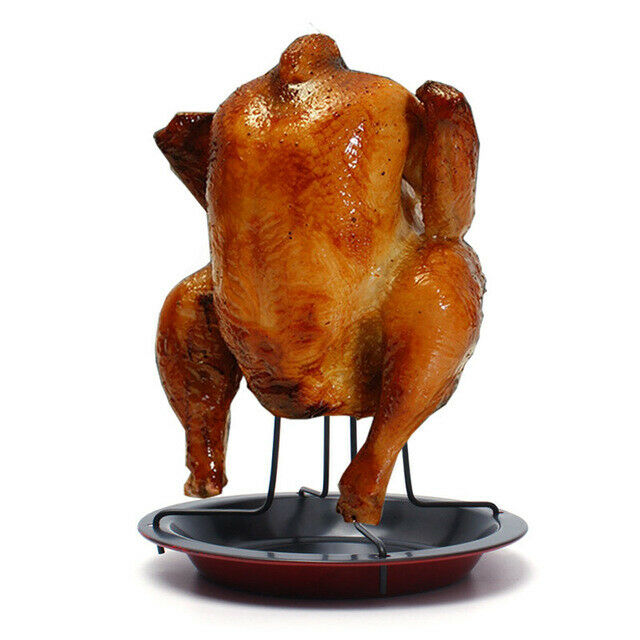 1 Set Carbon Steel Chicken Roaster Rack With Tray Non-Stick Bbq Grilling Co R5B4