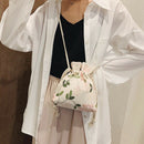 Embroidered Flower Bucket Bag Handbag Cute Girl Shoulder Messenger Bag Blue
