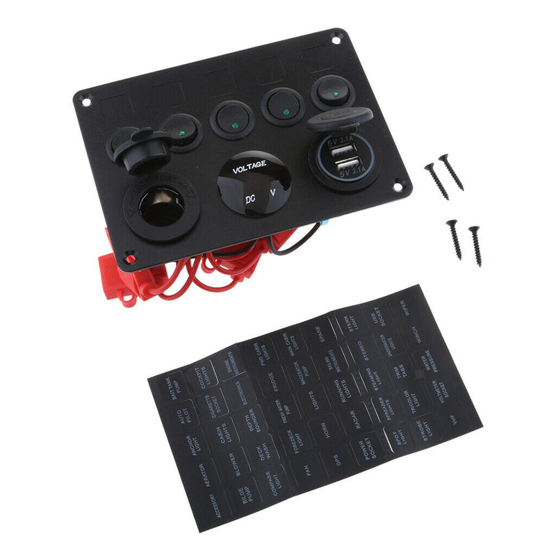 Green LED Dual USB Port Charger Voltmeter 5 Gang Toggle Switch Panel Black