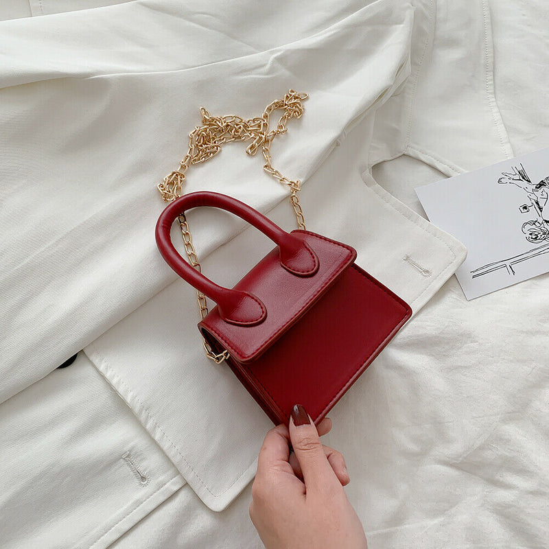 Women Leather Mini Shoulder Bags Pure Flap Chain Messenger Pouch (Red) A