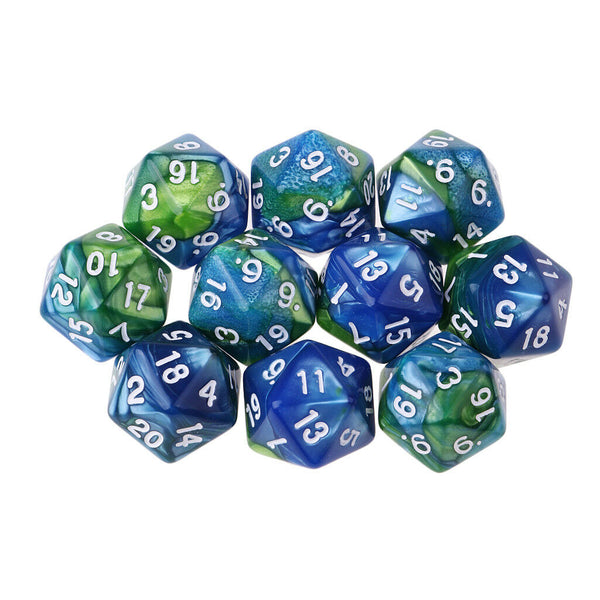 Set of 10 Blue Green D20 Acrylic Dice for RPG D&D Gaming Twenty Sided Die