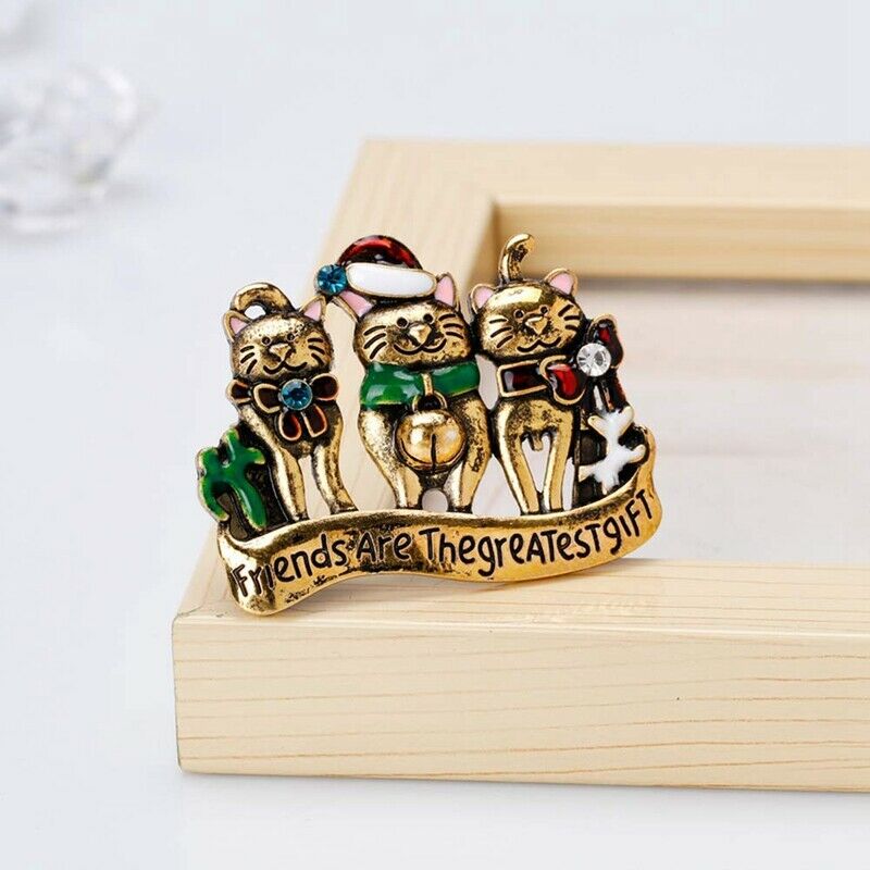 "Friends Are The Greatest Gift" Cat Enamel Rhinestone Brooch Pin for Women