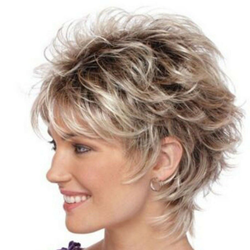 Vogue Womens fashion short Fluffy Wavy mixed Blond Brown Curly Natural Hair Wig