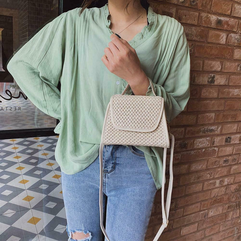 Retro Hit Color Shoulder Handbags Women Flap Woven Crossbody Bags (Beige)