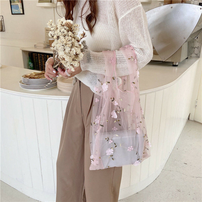Flower Embroidery Women Shopping Bag Organza Totes Sweet Handbag (Style 2)