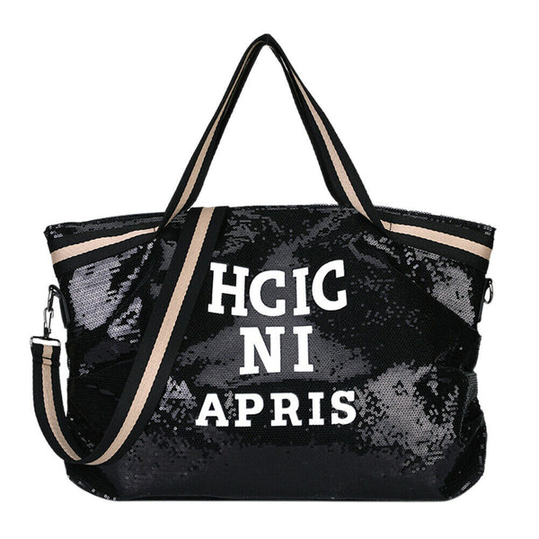 Letters Sequin Crossbody Shopping Bags Women Large Shoulder Handbag (Black)