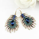 Women Charm Rhinestone Peacock Feather Shape Statement Hook Dangle Earring Delux
