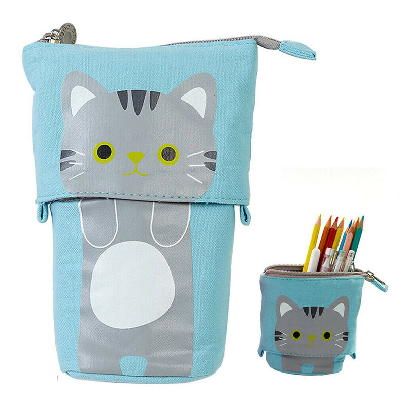 Stand Up Pencil Holder Telescopic Pencil Case Storage Stationery Pouch Bag Blue