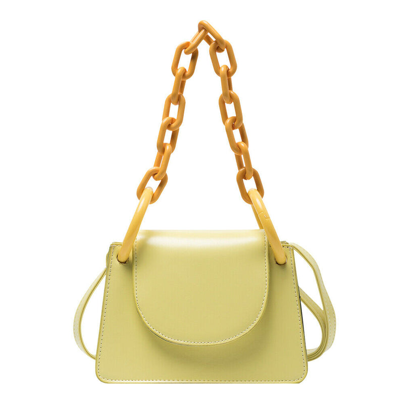 Candy Color PU Leather Crossbody Bags Women Chain Shoulder Totes (Yellow) A