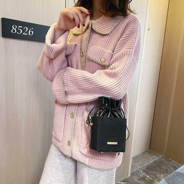 Elegant Leather Messenger Bag Women Shoulder Drawstring Handbag (Black)