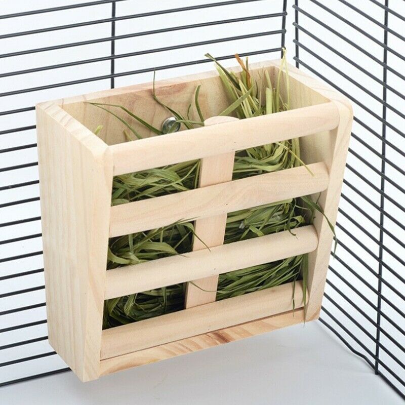 Small Animals Cage Accessories- Rabbit Hay Feeder Rack,Natural Wooden Hay M