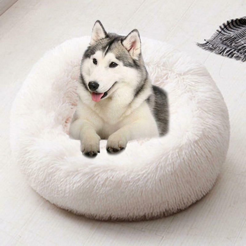 Round Soft Dog Bed Plush Kennel Nest Velvet Foldable Pet Mat (Beige XS)