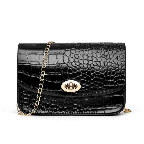 Crocodile Leather Messenger Bag Women Retro Purse Shoulder Handbag (Black)