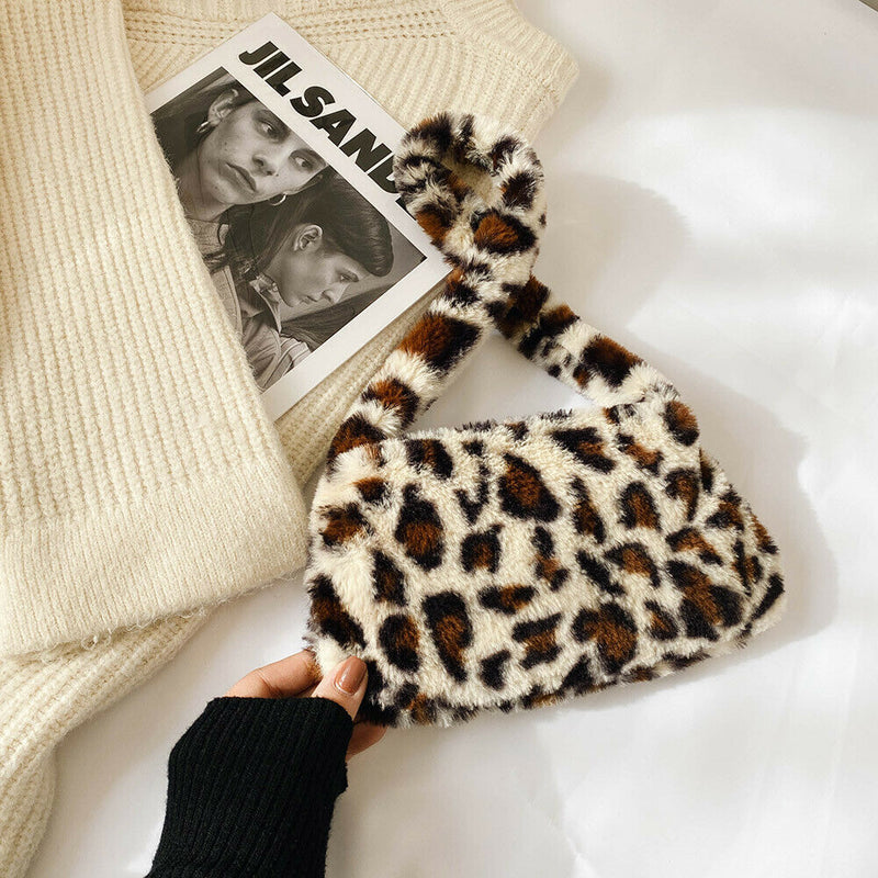 Animal Pattern Underarm Bag Women Mini Plush Shoulder Handbags Purse (8)