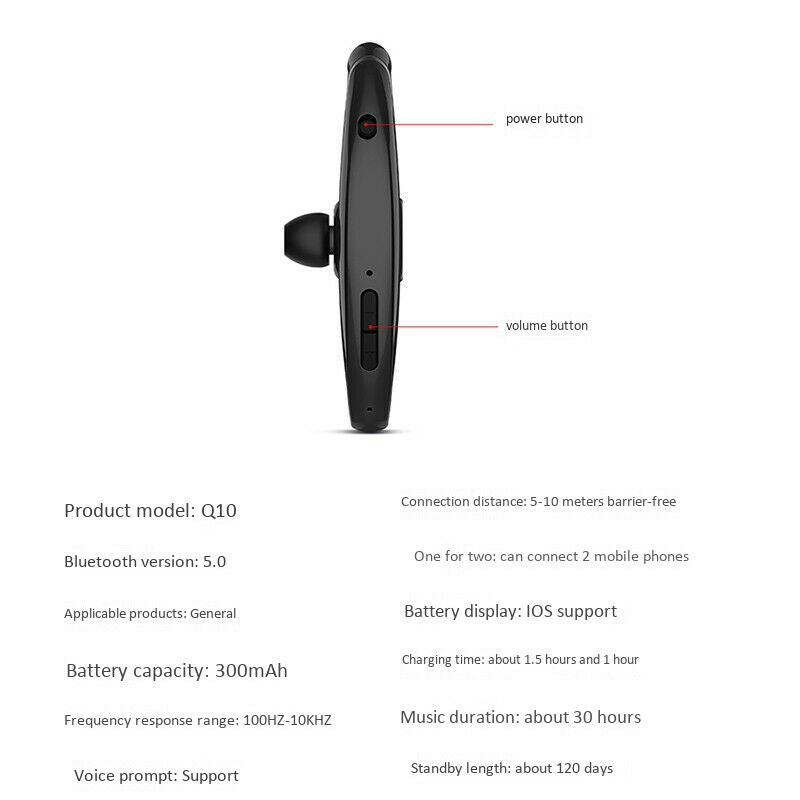 Q10 Wireless Headphone Earbud Ear Hook Bluetooth 5.0 Earphone 300MAh Single O5W4