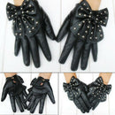 Black Fashion Lady Gaga Big Bow Rivets Women Faux Leather Finger Gloves Siz