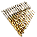 13 Pcs 1/4" Titanium Coated High Speed Steel Drill Set Hex Shank 1.5-6.5mm