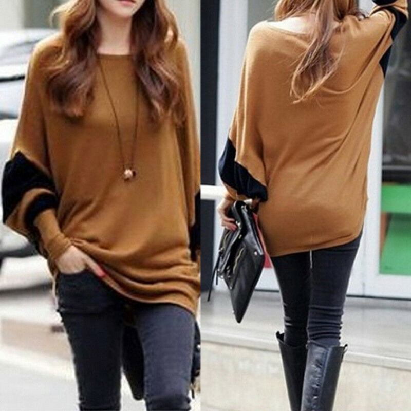 Women Fashion Round Neck Bat Sleeve Autumn Simple Casual Loose Tops Sweaters.AU