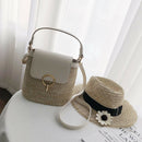 Straw Weave Women Bucket Handbags Summer Beach Totes Shoulder Bags (White)