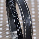 Men's Black Leather Wristband Braided Bracelet Stainless Steel Clasp Bangle