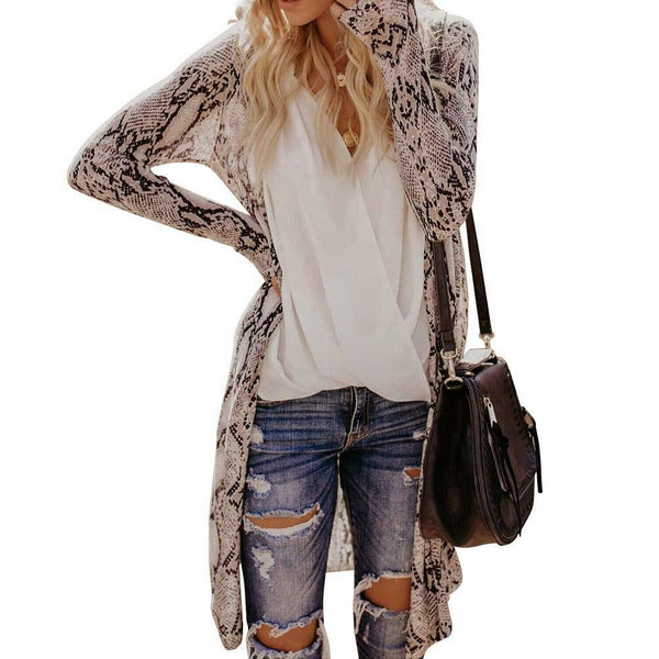 Women Casual Long Sleeve Cotton Cardigan Loose Fashion Print Tops (Grey L)