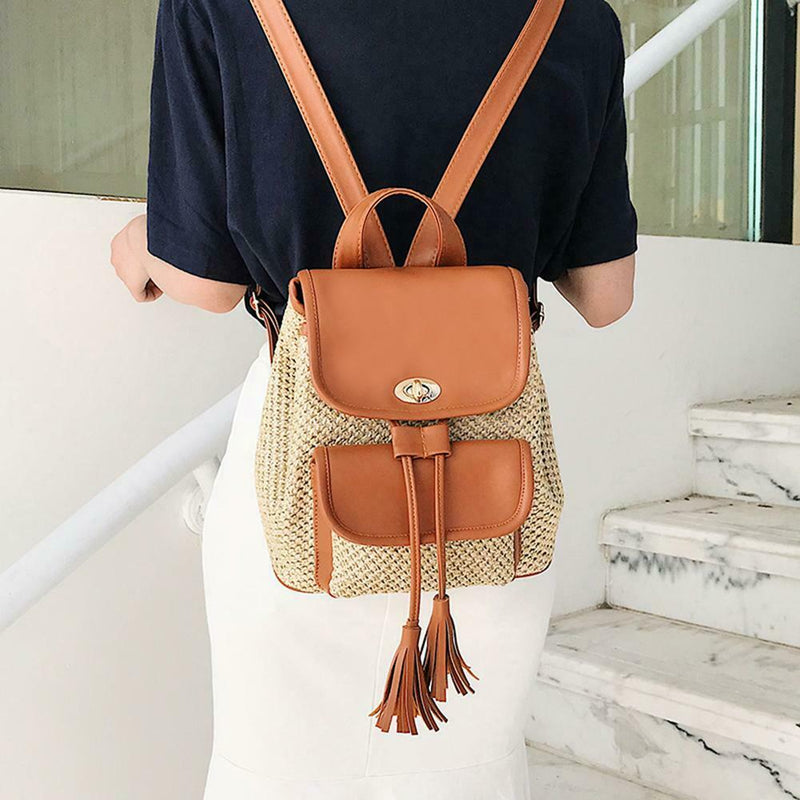 Leather Woven Backpacks Women Tassel Flap Schoolbags Knapsack (Light Brown) A