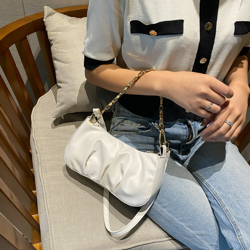 Solid Pleated Women Shoulder Bag PU Clear Chain Crossbody Handbag (White)