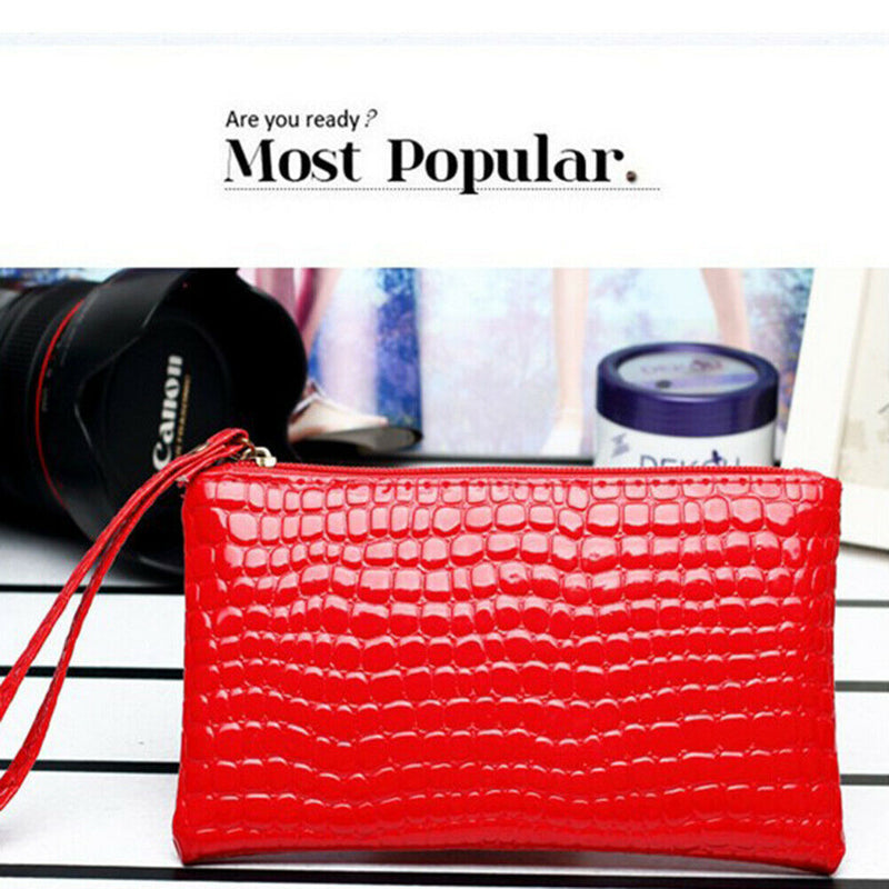 Retro Crocodile Leather Women Clutch Bag Zipper Purse Solid Handbag (Red)