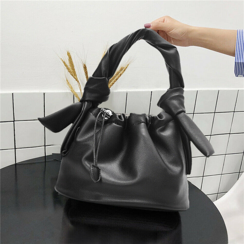Casual Drawstring Bucket Bag Women PU Crossbody Shoulder Handbags (Black) A