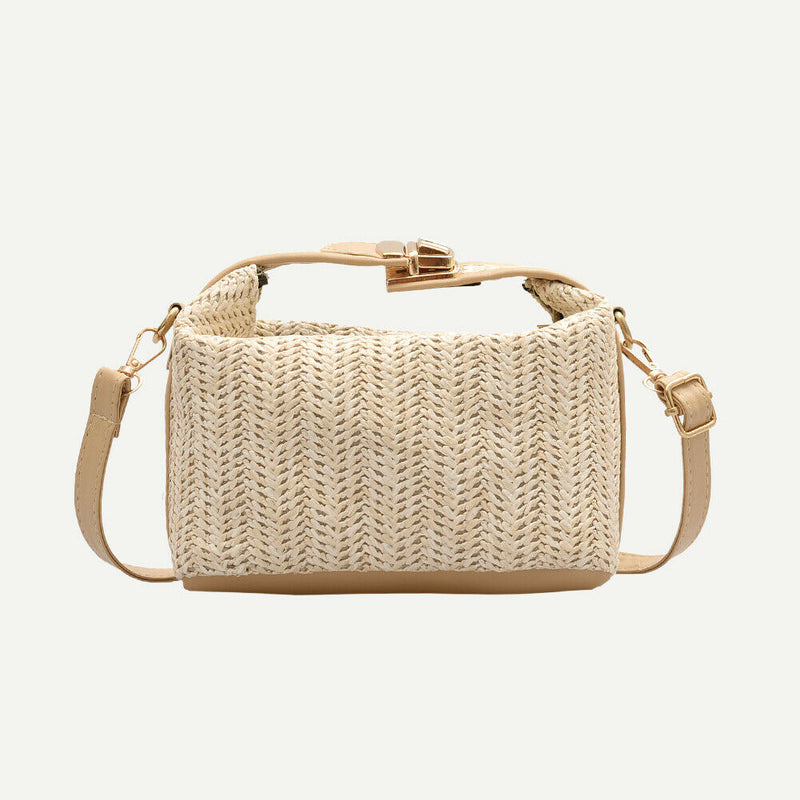 Women Straw Shoulder Bag PU Splicing Female Casual Messenger Pouch (Khaki)