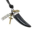 Statement Necklace Leather Rope Alloy Animal Long Tooth Cross Pendant
