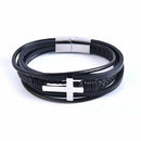 Cross Multi Layer Design Stainless Steel Fashion Men's Leather Bracelet GifSEAU