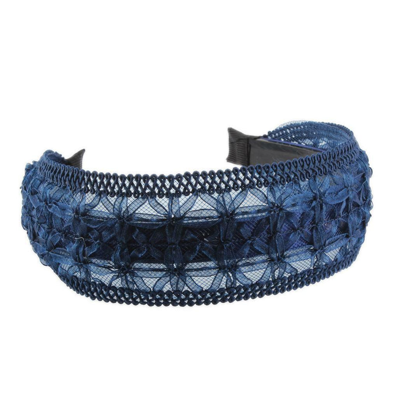 Blue Lace Floral Embroidery Wide Alice Band Headband Hairband for Women