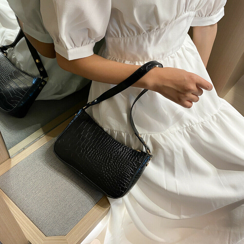 Women Alligator PU Leather Handbag Ladies Zip Totes Shoulder Bags (Black)